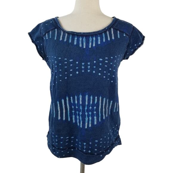 Lucky Lotus Blue Short Sleeve Sweat Shirt Scoop Neck Top XS - Picture 1 of 3